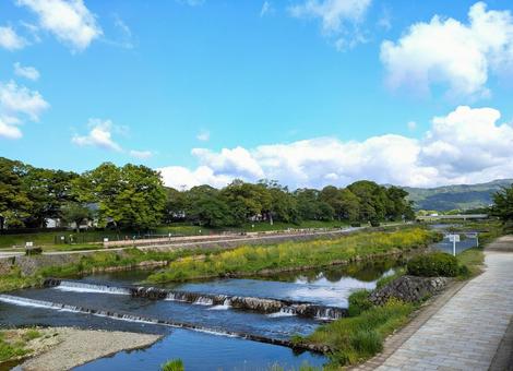 京都鴨川河畔の春景色と穏やかな川の流れ 京都,鴨川,河畔の写真素材