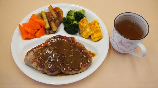 Photo, thick slice, pork steak, wasabi, 
