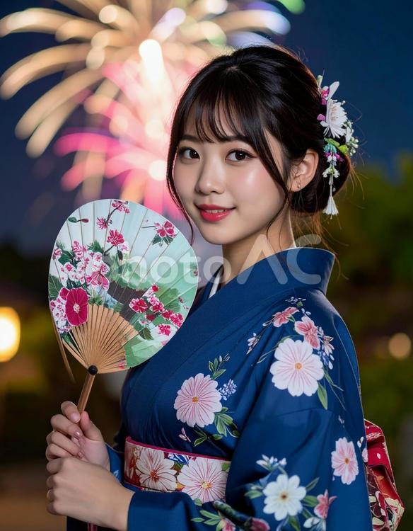 祭りを楽しむ浴衣美人 花火,打ち上げ花火,うちわの写真素材