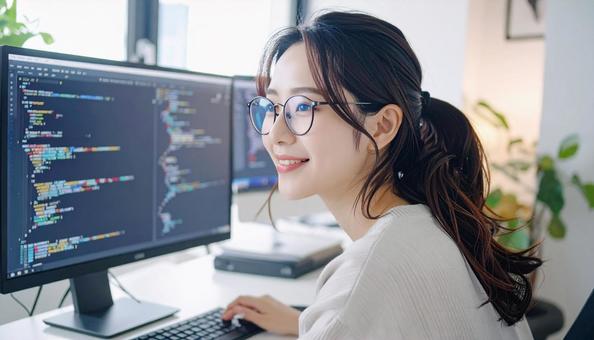 プログラミングをする女性エンジニア プログラミングをする女性エンジニアの写真
