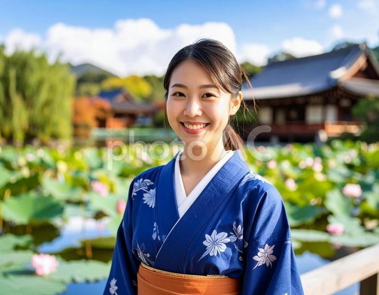 花柄着物の彼女・夏・睡蓮の咲く池 女性,着物,夏の写真素材