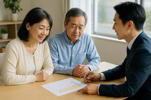 退職金相談する夫婦とFP 退職金相談する夫婦とFPの写真