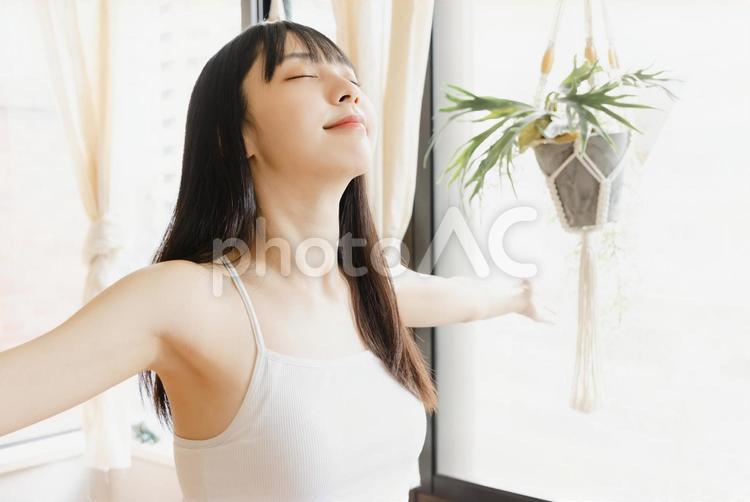 寝起きで朝日を浴びる若い女性 女性,ライフスタイル,日本人の写真素材