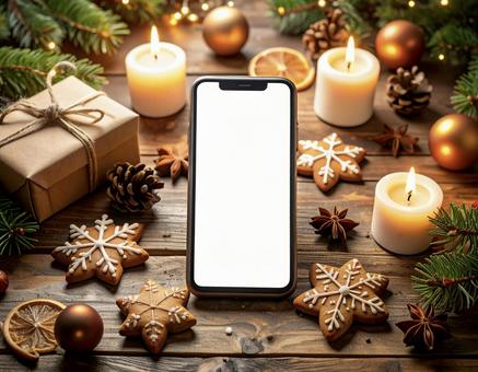 スマートフォン、クリスマスの装飾背景 スマートフォン、クリスマスの装飾背景の写真