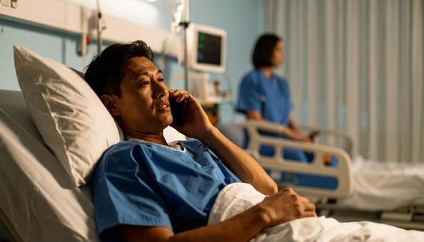 病室のベッドから携帯で話をする男性患者 病室のベッドから携帯で話をする男性患者の写真