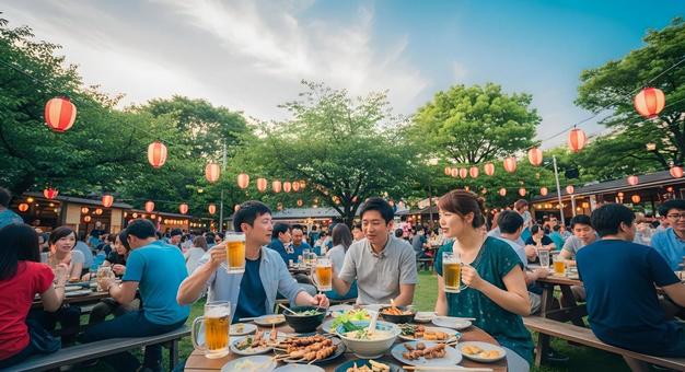 夏祭りの風情とビールを楽しむビアガーデンの写真