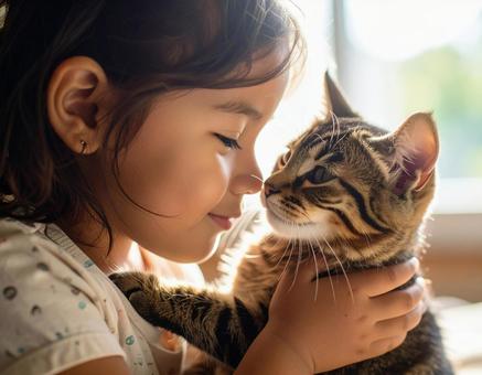 縞模様の猫と幼い女の子 縞模様の猫と幼い女の子の写真