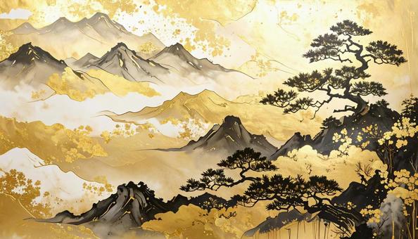 金色の背景　和風　水墨画の写真