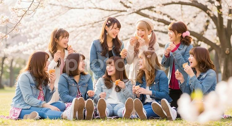 桜の下でお花見をする仲良し女子グループ お花見,桜の木,大学生の写真素材