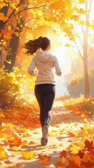 スポーツの秋 紅葉の中を走る女性 後ろ姿 スポーツの秋 紅葉の中を走る女性 後ろ姿の写真