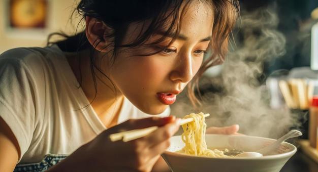熱々ラーメンを食べる女性の飲食シーン 熱々ラーメンを食べる女性の飲食シーンの写真