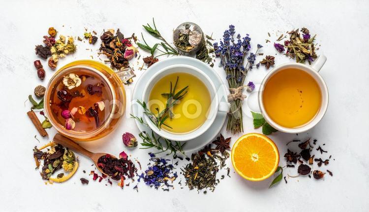 きれいになるハーブティー ハーブ,ハーブティー,ティーカップの写真素材