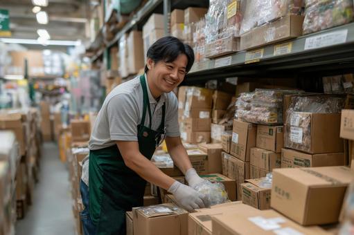 通販のバックヤードで笑顔で働く店員 通販のバックヤードで笑顔で働く店員の写真