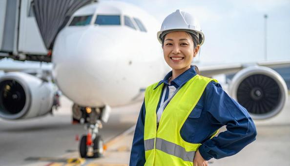 笑顔で航空機の誘導を行うランプ作業員 笑顔で航空機の誘導を行うランプ作業員の写真