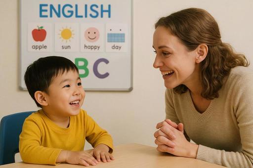 英会話教室で外国人先生と話す子供の写真