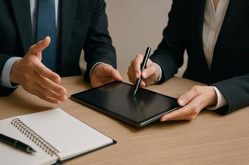 タブレットに署名するビジネスシーン・会議 タブレットに署名するビジネスシーン・会議の写真