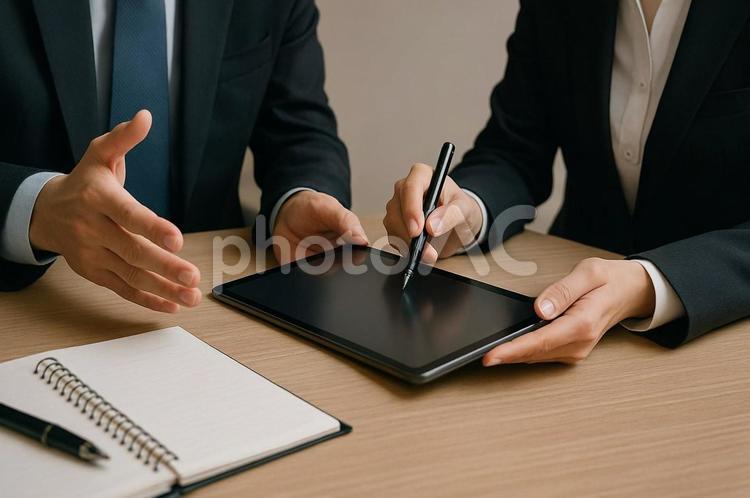 タブレットに署名するビジネスシーン・会議 電子署名,タブレット,ビジネスシーンの写真素材