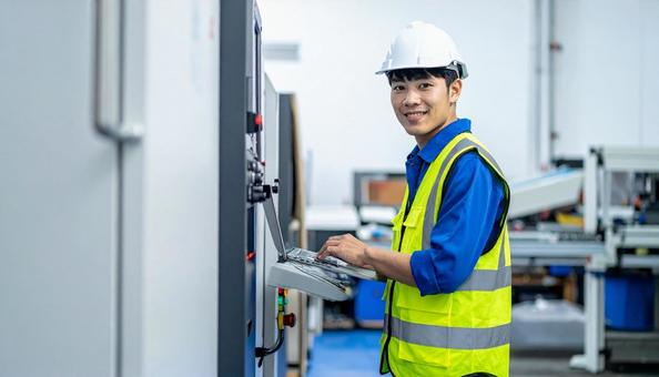 工場の三次元測定機を使う作業服の男性 工場の三次元測定機を使う作業服の男性の写真