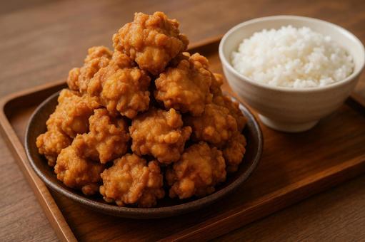 山盛りの唐揚げと白ご飯 山盛りの唐揚げと白ご飯の写真