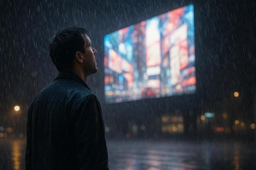 雨夜に輝くビルボードの写真