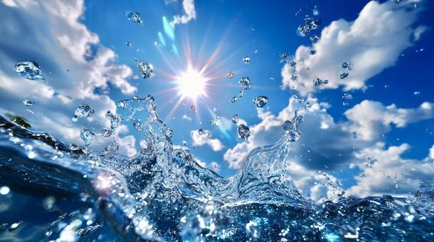 青空と太陽の下で輝く水しぶきの瞬間 青空と太陽の下で輝く水しぶきの瞬間の写真