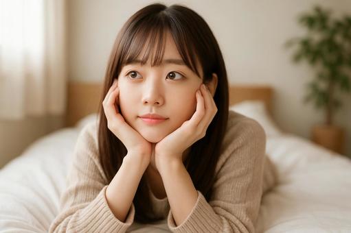 ベッドで考え込む女性の写真