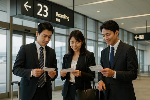 搭乗券を確認する日本人ビジネスチーム 搭乗券を確認する日本人ビジネスチームの写真