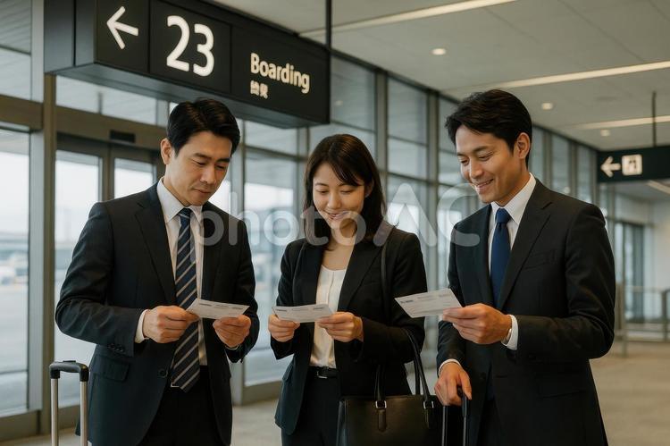 搭乗券を確認する日本人ビジネスチーム 空港,ビジネスチーム,日本人の写真素材