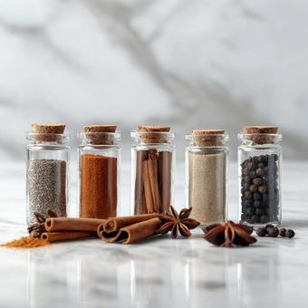 ガラス瓶に詰められたハーブとスパイス ガラス瓶に詰められたハーブとスパイスの写真