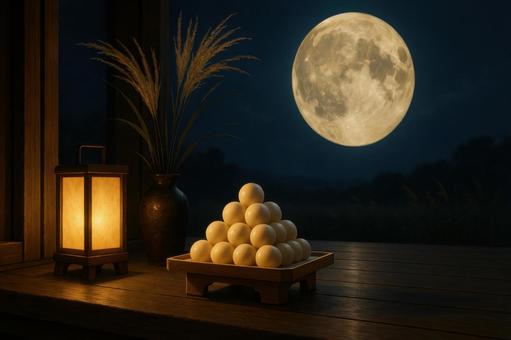縁側に置かれたお月見団子と満月の写真