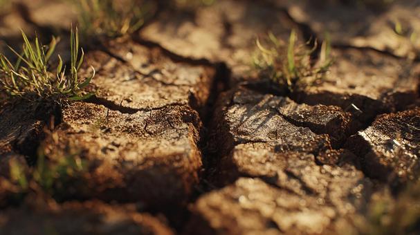 干ばつでひび割れた大地とわずかな草 干ばつでひび割れた大地とわずかな草の写真