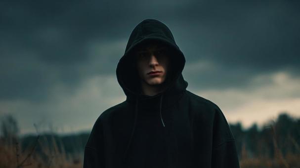 フードで顔を隠した人物のポートレート フードで顔を隠した人物のポートレートの写真