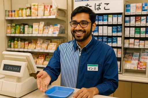 コンビニのレジ業務をする外国人店員 コンビニのレジ業務をする外国人店員の写真
