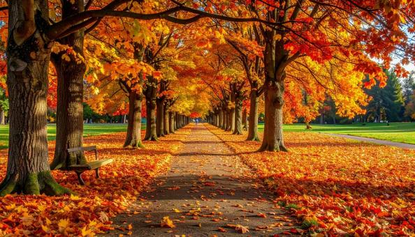秋の公園の紅葉の並木ロード 秋の公園の紅葉の並木ロードの写真