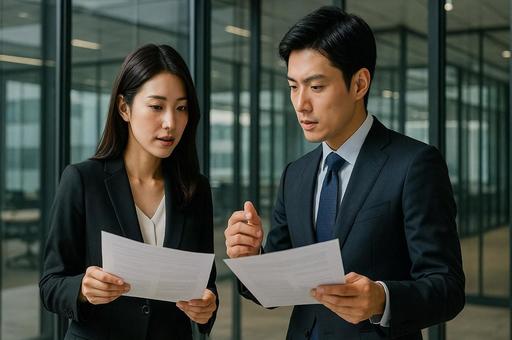 オフィスで書類を確認する男女・信頼関係 オフィスで書類を確認する男女・信頼関係の写真