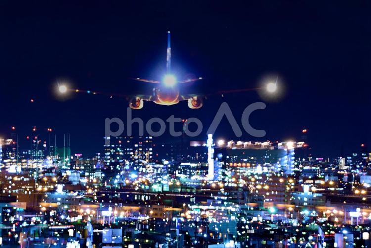 VFX幻想的な夜景飛行 夜景,飛行機,都会の写真素材