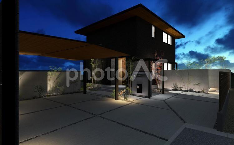 ムードのある戸建外観の夜景 家,風景,住宅の写真素材