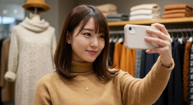 ブティックインテリア　自撮りする若い女性の写真