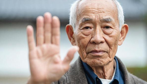 拒否するジェスチャーのおじいさんの写真