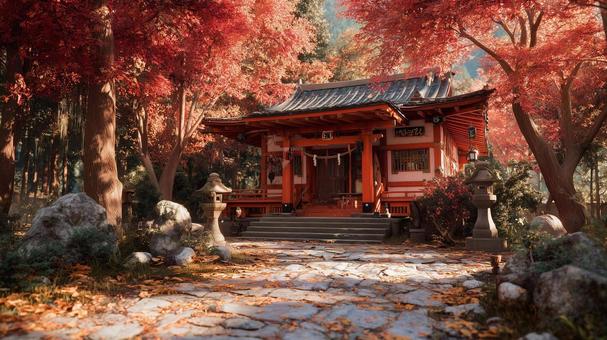 紅葉に包まれた幻想的な神社の風景 紅葉に包まれた幻想的な神社の風景の写真