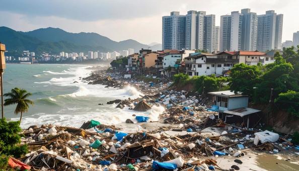 津波に襲われた後のガラクタだらけの住宅街の写真