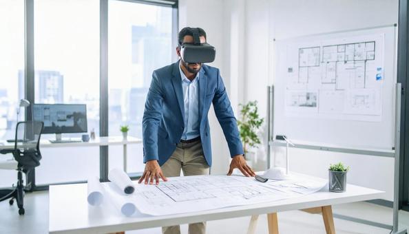 VRゴーグルをかけるビジネスマン VRゴーグルをかけるビジネスマンの写真