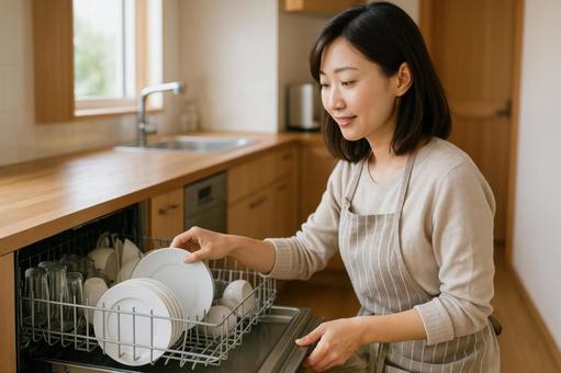 食器洗い乾燥機を開ける女性の写真