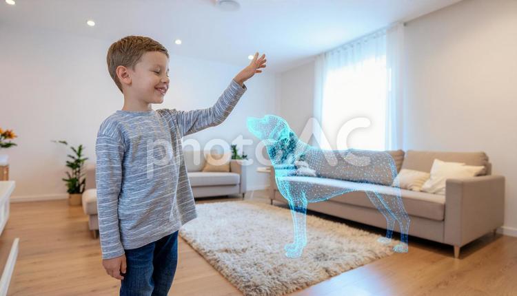 ホログラムペットと笑顔の子ども ホログラム,ペット,子どもの写真素材