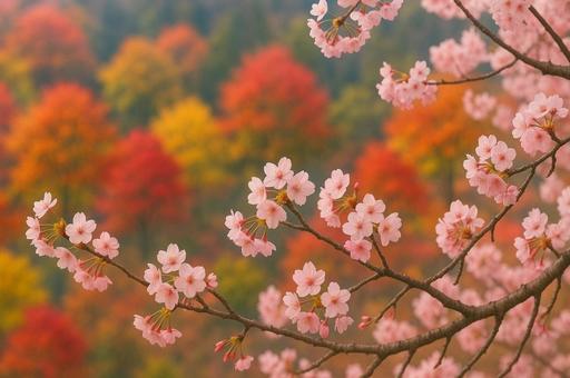 春彩る桜と秋の森の写真