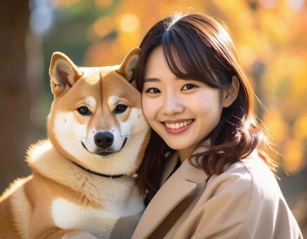 仲良し・柴犬と彼女の写真