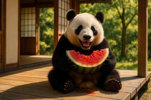 スイカを美味しそうに食べるパンダ スイカを美味しそうに食べるパンダの写真
