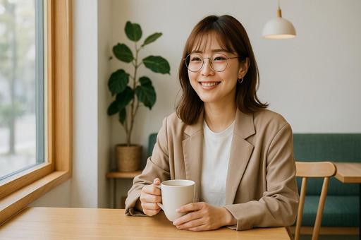 ティーカップを抱える可愛いメガネの女性 ティーカップを抱える可愛いメガネの女性の写真