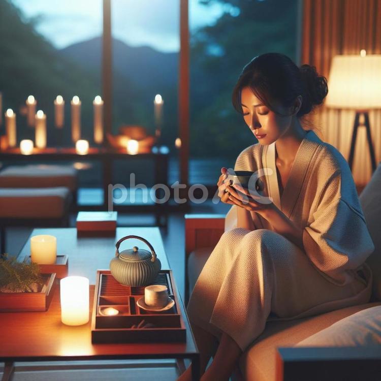 夕暮れ時のお茶 女性,お茶,夕暮れの写真素材