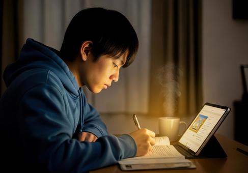 夜の机で集中して勉強する男子学生 夜の机で集中して勉強する男子学生の写真